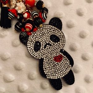 RHINESTONE B&W PANDA BEAR W/RED HEART & DANGLES!